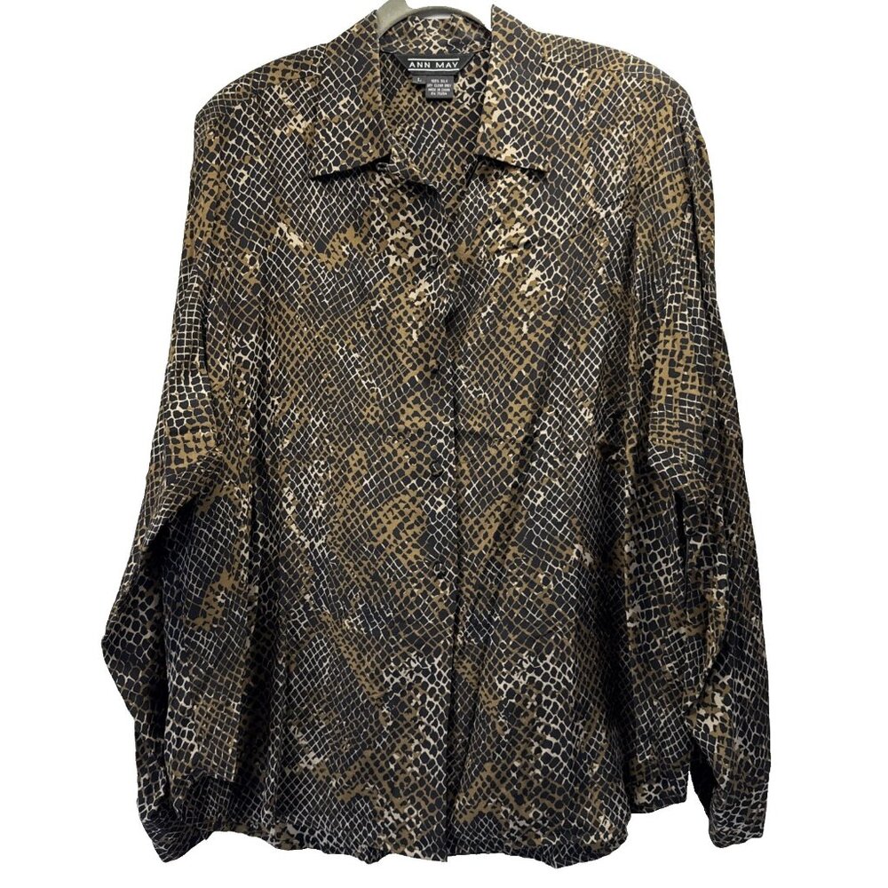 Ann May Women's‎ Blouse Large 100% Silk Y2K 90's Shoulder Pads Snake Button Up